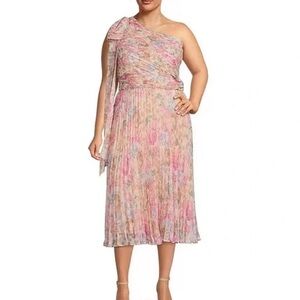 ALEX MARIE Pastel Floral One-Shoulder‎ Midi Dress Pink Pleated Plus Size 20W New